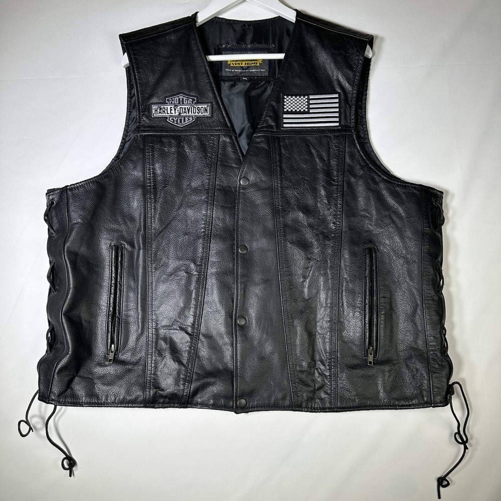Harley Davidson Leather Motorcycle Vest 3XL Black Biker Lace Side Snap USA Flag